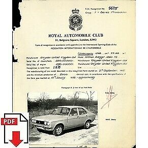 1973 Chrysler Hillman Avenger 1250 TC FIA homologation form PDF download (RAC)